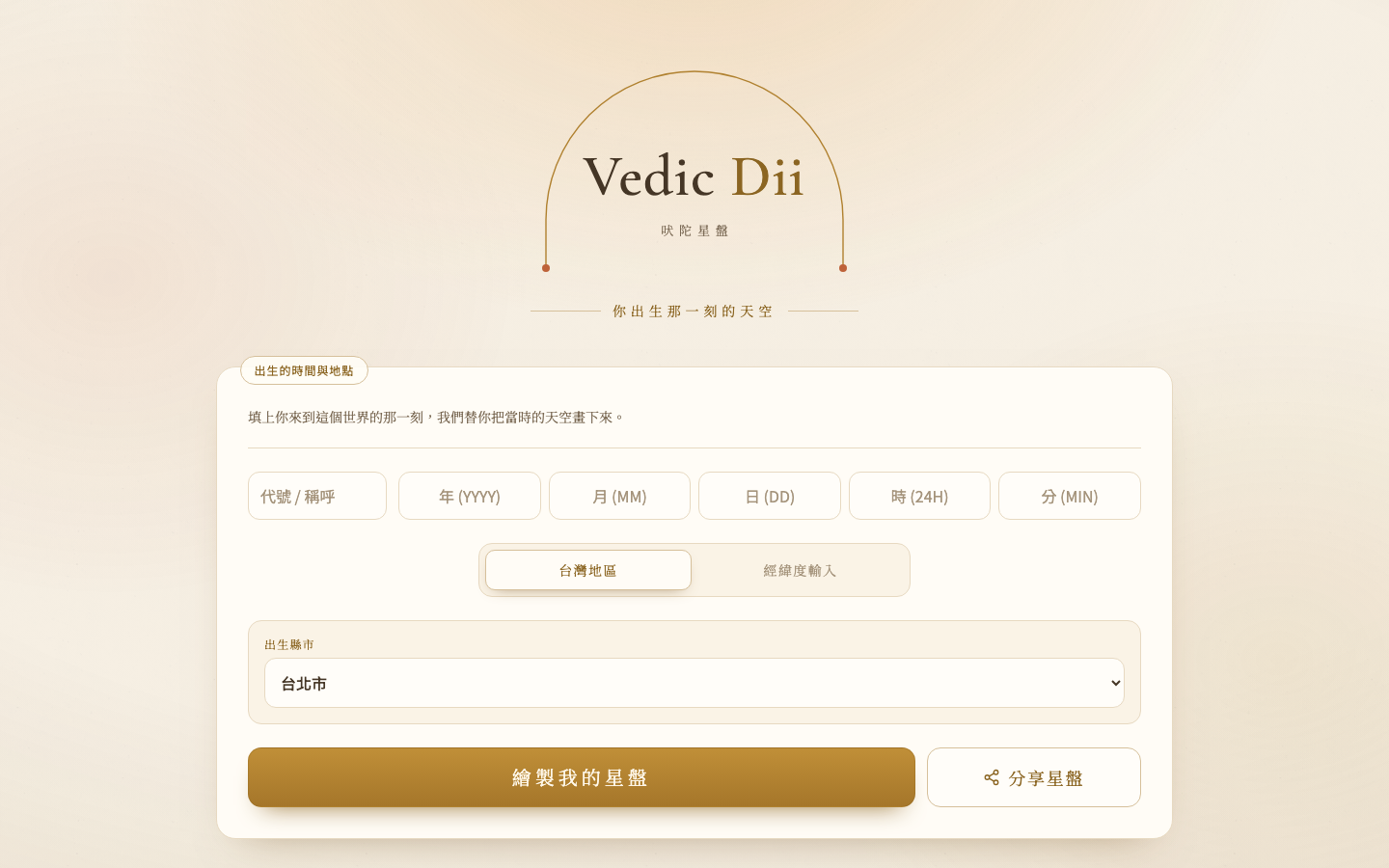 Vedic Dii chart site home: birth time and place form